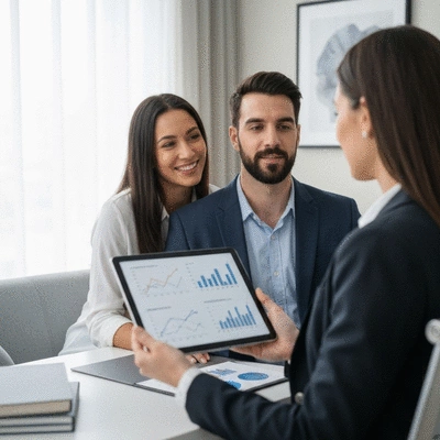 Couple discussing insurance with an advisor in a modern office