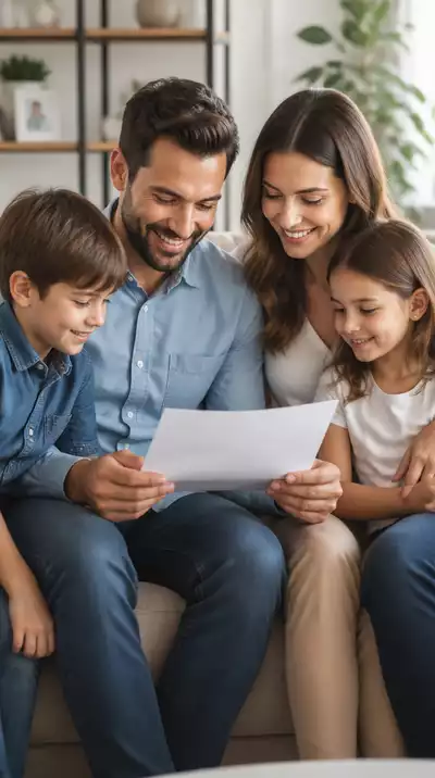 Family looking at a life insurance policy document